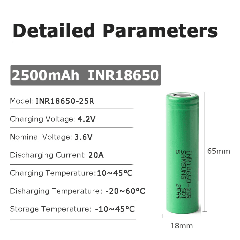 Samsung 25r 18650 2500mAh 20A Flat Top Lithium Battery Cell Samsung 25r 18650 2500mAh 20A Flat Top Lithium Battery Cell